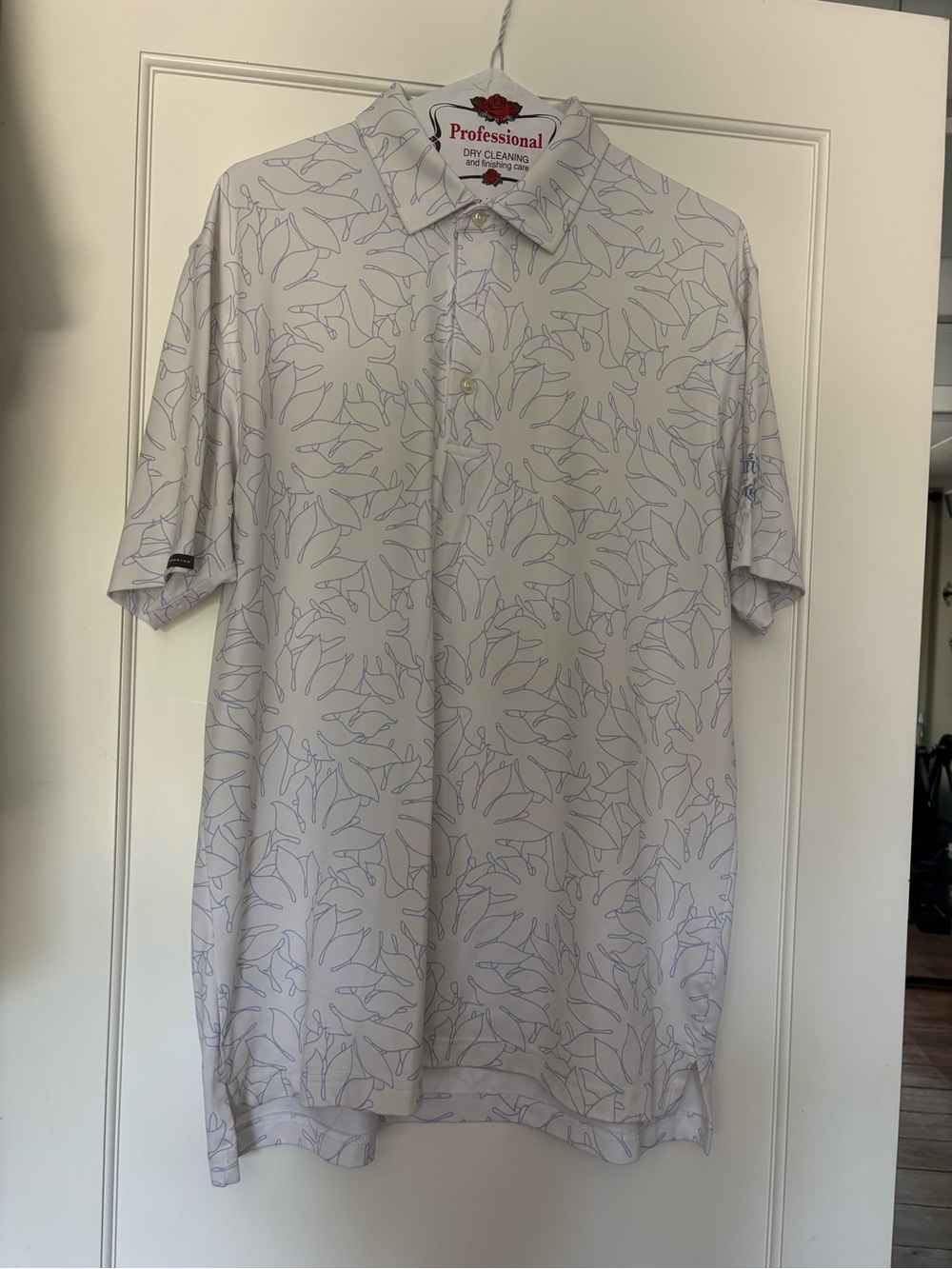 Men's Dunning White Golf Shirt with Light Blue Leaf Print medium